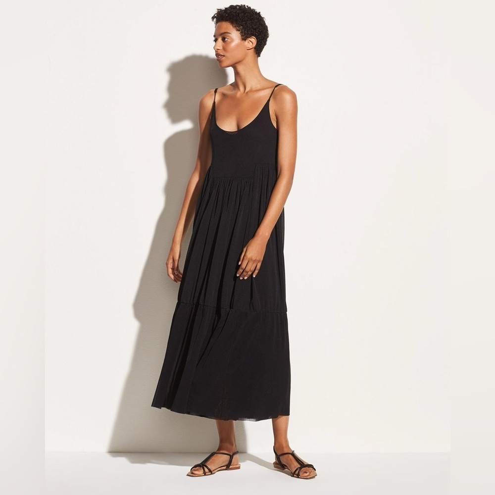Vince Gathered Cami Dress Black Gauze Nylon Layered Style Sz Small